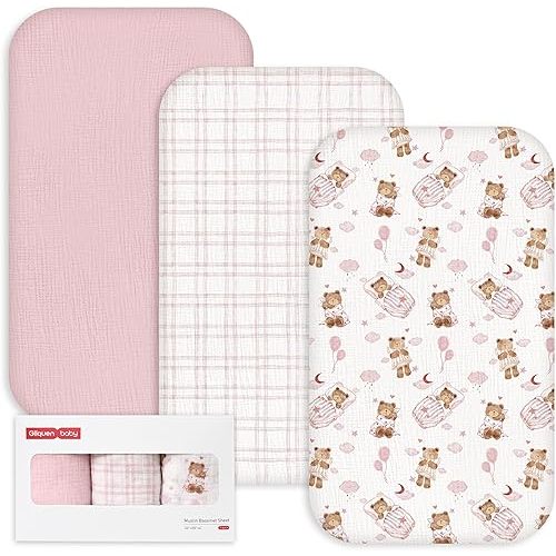 Gllquen Baby 3-Pack Muslin Cotton Bassinet Sheets, 33"x20" Fitted Crib Sheets for Bedside Sleeper & Travel Crib, Oeko-TEX Certified Soft Breathable Sheets, Easy On/Off (Bear's Dreamland)