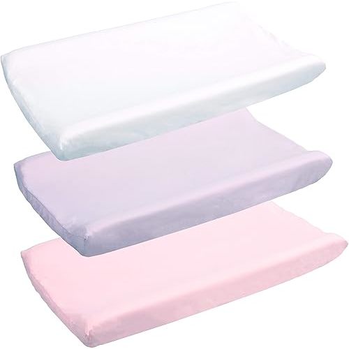 3 Pack Microfiber Soft Changing Pad Cover, with 2 Considerate Safety Belt Holes, Durable Diaper Change Table Sheet Set for Baby Girls, 16''x32''x8'', Light Purple & Pink & White