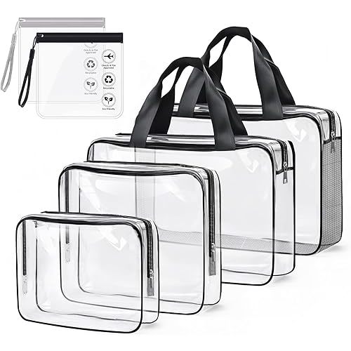 ABSOFINE Clear Toiletry Bag for Travel Size Toiletries, 4 Pack Large Waterproof PVC Makeup Bags with 2 Pack Airport Security Liquids Bags, Travel Essentials toiletry Bottles for Women Girls Men