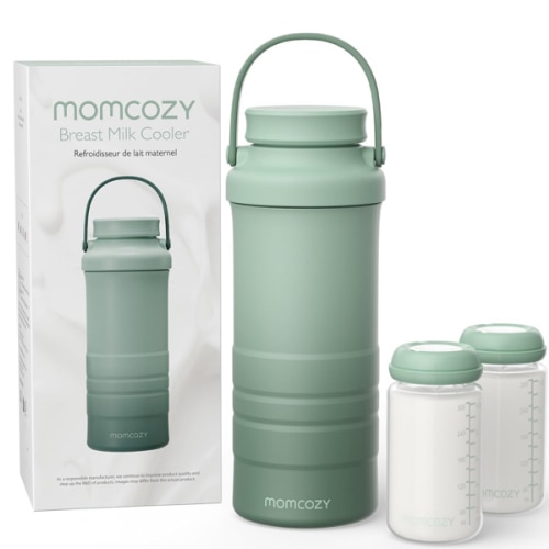 Momcozy 22oz Portable Breast Milk Cooler for Outdoor, Life Saver with 360° Total Cooling for 24 Hours, Larger Capacity Travel Breastmilk Chiller with 2pcs Baby Bottles for Breastmilk Storage, Green