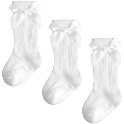 Baby Girls Knee High Socks Non Slip Toddler Stockings Cotton Bow Ruffle Newborn Long Socks Infant Tube Dress Socks 0-6/6-12M