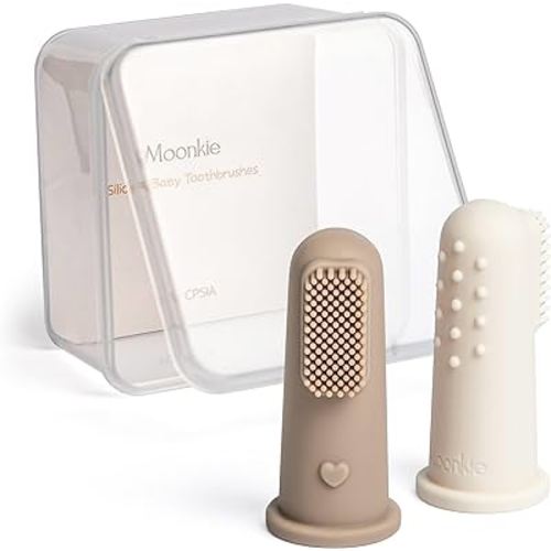 Moonkie Baby Toothbrush Finger Toothbrush Oral Cleaner Kit for 3 Months +, 2 Pcs Small (Warm Taupe/Ivory)