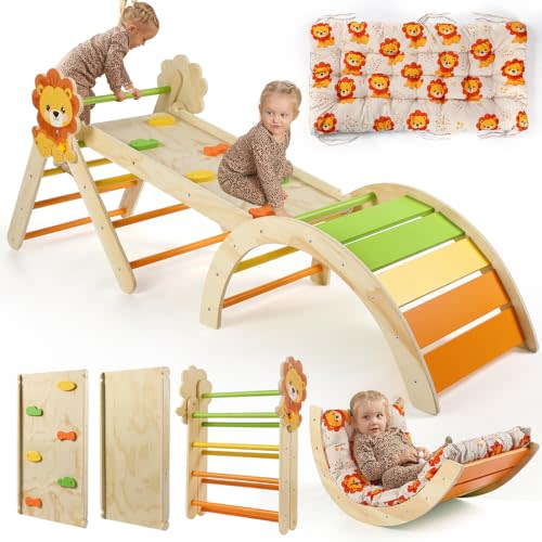 Yopnoyik Pikler Triangle Set with Cushion, 7 in 1 Toddler Climbing Toys Indoor, Montessori Foldable Climbing Set, Wooden Climbing Toys for Toddlers 1-3 Inside with Ramp, Arch and Ladder (Lion)