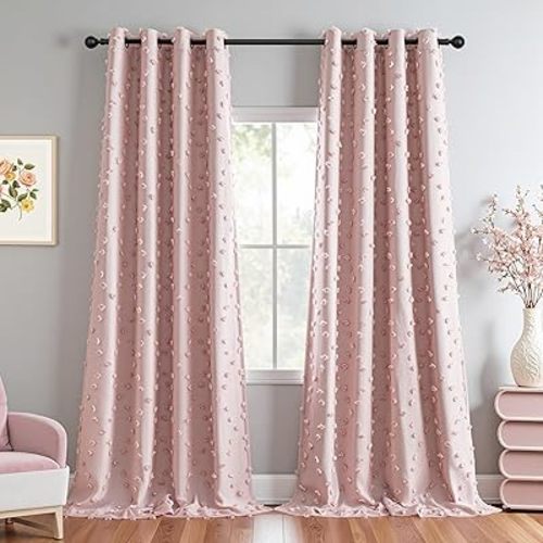 MYSKY HOME 100% Blackout Curtains for Girls Bedroom 95 Inch Long Total Room Darkening Curtain for Living Room 2 Panels Grommet Light Blocking Sliding Door Drapes Blush Pink Pom Pom Sheer 52 x 95 Inch