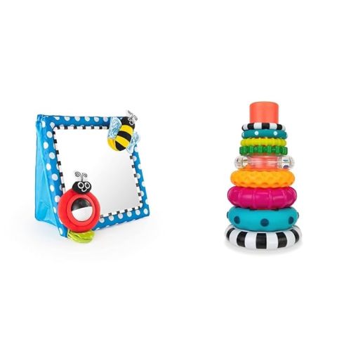 Sassy Tummy Time Floor Mirror | Developmental Baby Toy | Newborn Essential for Tummy Time & Stacks of Circles Stacking Ring STEM Learning Toy, Age 6+ Months, Multi