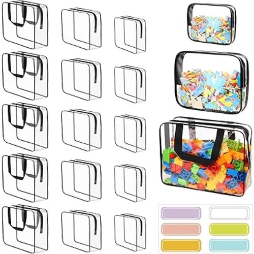 18 Packs Large Toy Storage Bags with Labels, Clear PVC Bags Travel Waterproof Kids Toy Organizer Bags with Zipper for Building Blocks Puzzle Kids Books (Black)