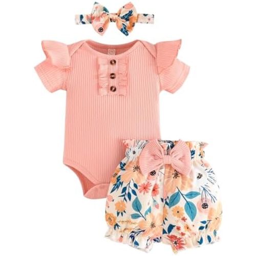 Baby Girl Clothes Newborn Infant Outfit Ruffle Romper and Short Pants Clothing Sets for Summer Spring