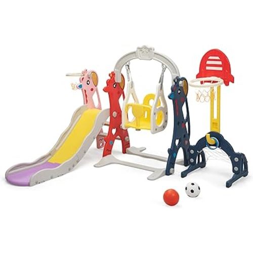 Neekoy 6-in-1 Toddler Slide and Swing Set for Kids, Toddler Swing with Basketball Hoop, Suitable for Outdoor Indoor Playground for Kids Age 1+, Red and Yellow
