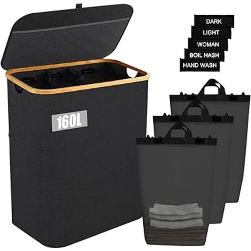 3 Section Laundry Hamper with Lid and Removable Bags, 160L Extra Large Foldable Laundry Basket Waterproof Dirty Clothes Basket Organizer for Closet Bathroom, Bedroom & Laundry Room (Black)