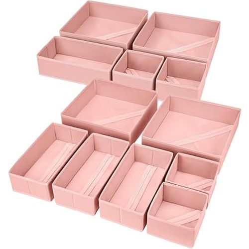 DIMJ Drawer Organizer for Clothing, 12 Pack Fabric Drawer Organizer Bins, Foldable Sock Organizer for Drawer, Dresser Organizer for Clothes, Socks, Bra, Tie (Pink)