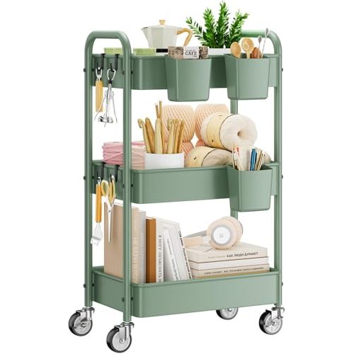 YASONIC 3-Tier Rolling Cart, Green, 66 Pounds Capacity, Mesh Storage Organizer with Lockable Wheels, 3 Hanging Cups, 4 Hooks, Easy Assembly, for Kitchen, Bathroom, Laundry, Grocery