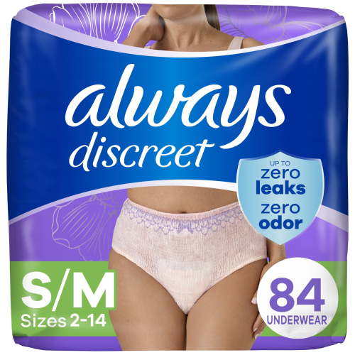 Always Discreet Adult Incontinence Underwear for Women and Postpartum Underwear, S/M, 84 CT, up to 100% Bladder Leak Protection
