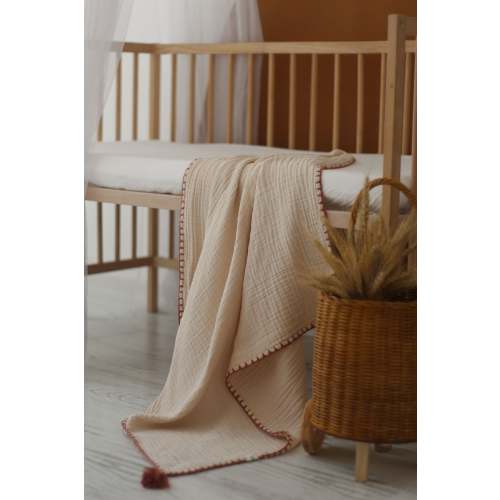Hand-Embroidered Muslin Blanket - Beige/Brick
