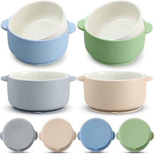 Domensi 4 Sets Kids Porcelain Bowls with Silicone Suction Sleeves Toddler Suction Bowls Baby Bowl Microwave Dishwasher Safe Cereal Soup Snack Dishes for Children Food Feeding Supplies (Morandi Colors)