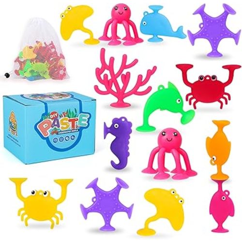 Baby Suction Cup Toys, 18 PCS Silicone Ocean Animals Suckers with Mesh Bag Storage, No Hole Mold Free Bath Toys for Kids Ages 4-8, Sensory Window Travel Toys for Toddlers Boys Girls 3 4 5 6 Year Old