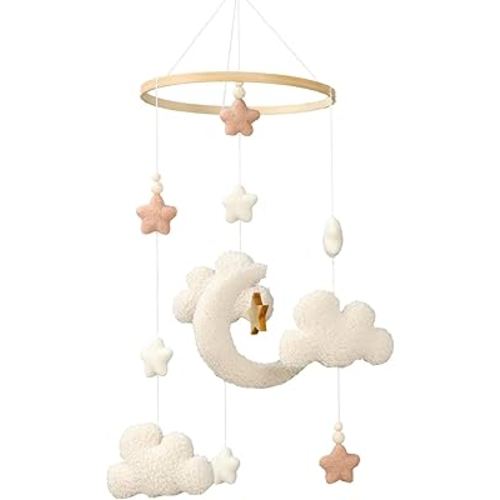 Crib Mobile for Boys Girls, Cute Stars Moon Cloud Boho Gender Neutral Hand-Crocheted Mobile for Baby Nursery Ceiling Mount Unisex