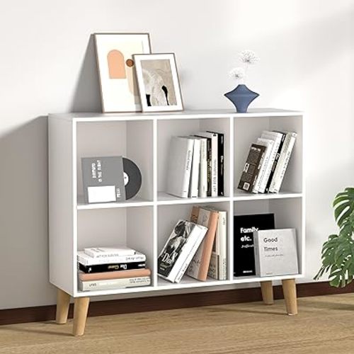 6 Cube Storage Organizer with Legs, 2 Tier Cube Low Bookcase Freestanding Storage Display Organizer for Home Office, Six-Cubes Open Shelf Bookshelf (White, 6 Cube Horizontal)