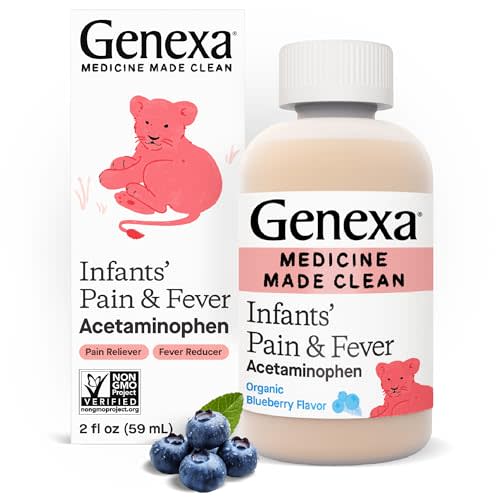 Genexa Infants’ Clean Pain & Fever Acetaminophen, Dye Free, 0% Artificial Additives, Delicious Organic Blueberry Flavor, Liquid Oral Suspension Medicine for Baby, 160 mg per 5mL, 2 fl oz