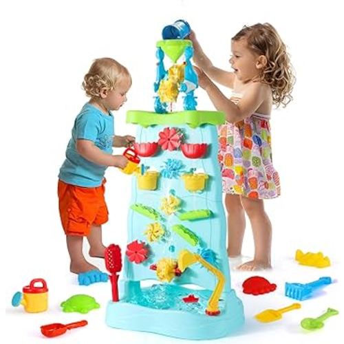 OKKIDY Water Table for Toddlers, Double-Sided Waterfall Discovery Wall Sensory Water Play Table for Kids Outdoor Sand and Water Table Toys for Boys and Girls