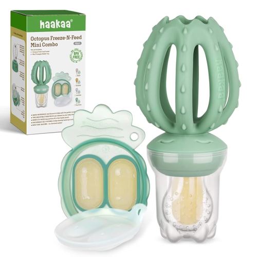 Haakaa Octopus Baby Fruit Food Feeder & Mini Freezer Nibble Tray Combo, Breastmilk Popsicle Molds for Cooling Relief, BPA Free Silicone Feeder for Safe Infant Self Feeding, 4 Month+(Pea Green)
