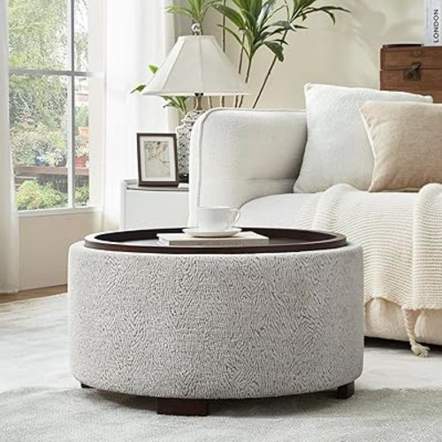 30 Inch Round Storage Ottoman, Ottoman Coffee Table with Lift Off Lid, Boucle Modern Ottomans with Storage for Living Room, Bedroom, Apartments (White and Gray Striped)