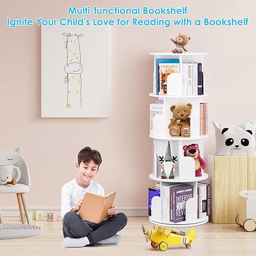 2025 New 4 Tier Rotating Bookshelf kids, Small Corner Bookshelf for Small Space, 360 Display Floor Standing Bookcase Storage Rack, Wood Narrow Book Shelf Organizer for Home Office,Bedroom, Living Room