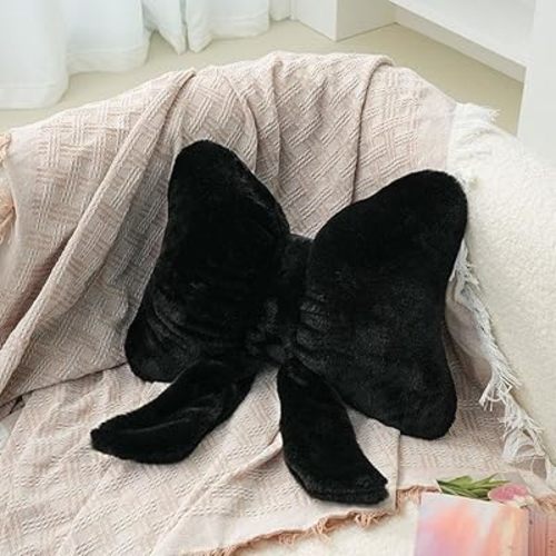 Soft Furry Bow Throw Pillows,Cute Bowknot Plush Pillow Home Decor,Valentine's Day Bow Throw Pillow,Stuffed Plush Decorative Ribbon Bow Pillows,3D Furry Ribbon Bow Shaped Pillow for Bed Couch (black)