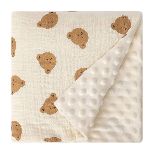 Fluffy-Backed Swaddle Blankets Baby Double Layer Muslin 100% Cotton Front Nursery Plush Dotted Fleece Back Receiving Bed Quilt Blanket for Unisex Newborn Baby Toddler Boys Girls 30 x 41 Inches