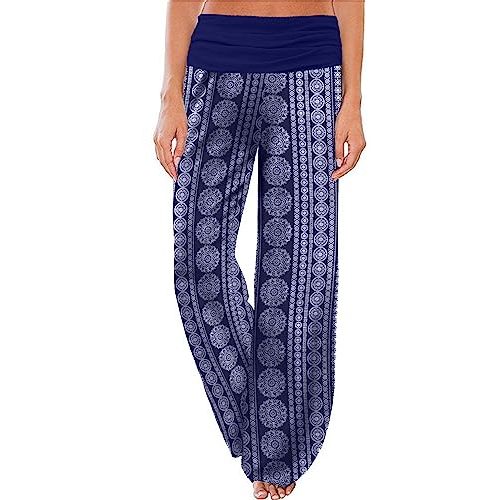 Gracyoga Women's Comfy Pajama Pants Wide Leg Lounge Palazzo Yoga Pants Stretch Casual Floral Print Fold Waist Pants