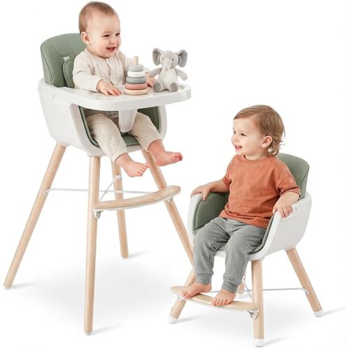 Mallify 3-in-1 Wooden High Chair, Convertible High Chairs for Babies and Toddlers, Baby Highchair with Adjustable Legs & Dishwasher-Safe Tray, Sleek Hardwood & Premium PU Cushion, Green