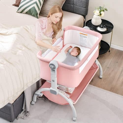 INFANS 3 in 1 Baby Bassinet, Bedside Sleeper, Rocking Cradle, Easy Folding Portable Safer Co-Sleeping Crib with Height Adjustable, Wheels Storage Basket Travel Bag for Infant Newborn (Coral)
