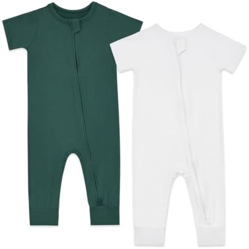 Aablexema Baby Romper Bamboo Rayon Short Sleeve Footless Pajamas 2 Way Zipper Summer Sleeper Jumpsuit Outfits 0-24 Months