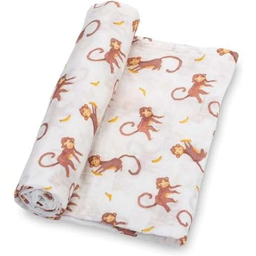 LollyBanks Muslin 100% Cotton, 47 x 47 Inches Newborn Baby Swaddle Blanket (Monkey Print)