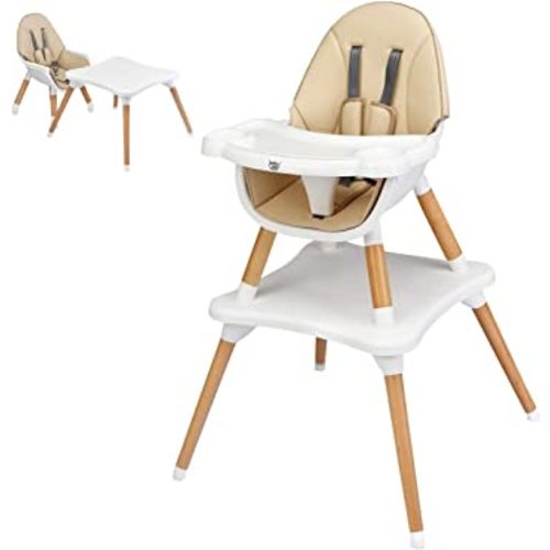 BABY JOY 5 in 1 High Chair, Convertible High Chairs for Babies and Toddlers/Booster Seat/Table and Chair Set, Infant Wooden Highchair w/ 5-Point Harness, 4-Position Removable Tray & PU Cushion (Khaki)