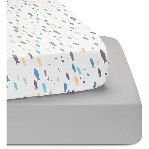 TILLYOU Baby Crib Sheets for Boys Girls, Super Soft Toddler Bed Sheets, 2 Pack Sheets for Standard Crib Mattress 28x52in, Little Blues Fish