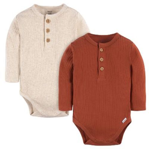 Gerber Baby Boys' Henley Long Sleeve Onesies® Bodysuits - Rust & Oatmeal Heather - 0-3 Months - 2-pack