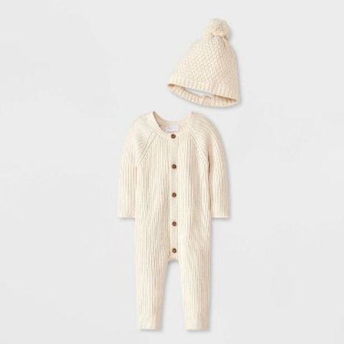 Grayson Mini Baby Button-front Romper With Hat - Cream 0-3m