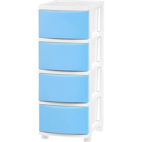 IRIS USA Plastic Drawer Storage Organizer, 4-Drawers, for Classroom Art Supplies Bathroom Dorm Bedroom Laundry Room, Slim Narrow, White Frame with Matte Blue Front Panels