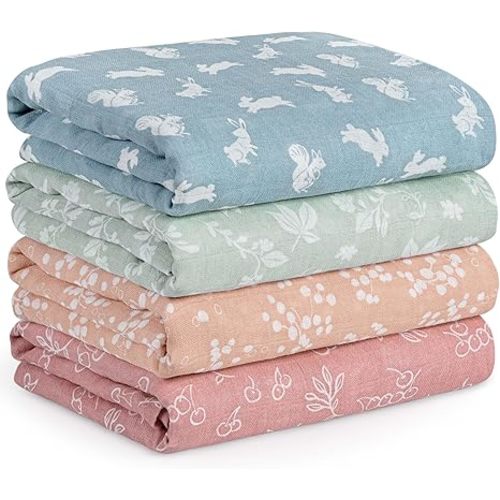 4-Pack Muslin Swaddle Blankets for Newborns | 100% Cotton Breathable Soft Muslin, Large 31.5"x43.3" | Multi-Use Stroller Sunshade Nursing Cover & Receiving Blanket, Neutral Rabbits