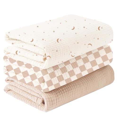 Konssy 3 Pack Muslin Swaddle Blankets for Unisex, Newborn Receiving Blanket, Large 47 x 47 inches, Soft Breathable Muslin Baby Swaddles for Boys & Girls