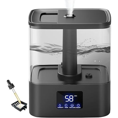6L Top Fill Humidifiers for Bedroom & 60H Runtime - Cool Mist Humidifier, 3 Mist Levels, 8H Timer, Essential Oil Tray, Humidity Display, Quiet for Bedroom, Baby, Plants, Large Room