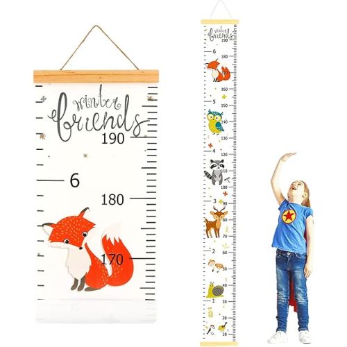 Baby Height Growth Chart, Canvas Height Measuring Chart for Kids Child Toddler Boys Girls, 79" x 7.9" Hangable and Removable Waterproof Wood Ruler for Wall Room Nursery Décor (White Fox)