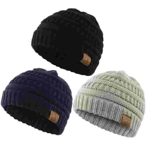 American Trends Warm Baby Knit Hat Cute Cozy Chunky Winter Cap Infant Toddler Baby Beanies for Boys Girls 3 Pack Black & Light Grey & Navy