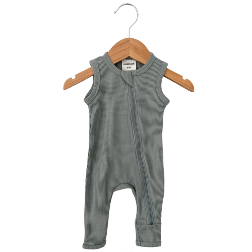 Organic Waffle Sleeveless Zip Romper, Mountain Green
