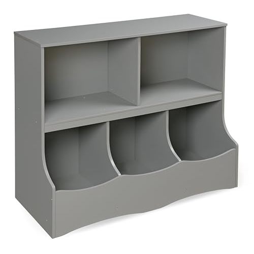 Badger Basket Multi-Bin Storage Cubby for Kids - Toy Organizer with 3 Cubbies, 2 Open Shelves, Display Top for Playroom or Bedroom - Storage Unit for Toys, Books & More - Gray