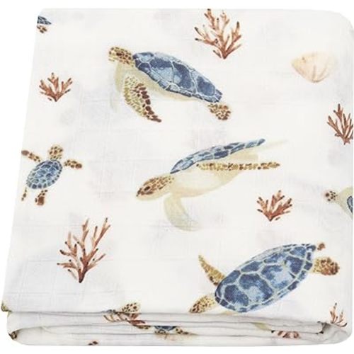 LifeTree Baby Swaddle Blanket, 70% Viscose from Bamboo and 30% Cotton Muslin Swaddles Blankets Boys Girls, Sea Turtle Swaddling Blanket Neutral for Newborn, Super Soft Large 47" x 47"