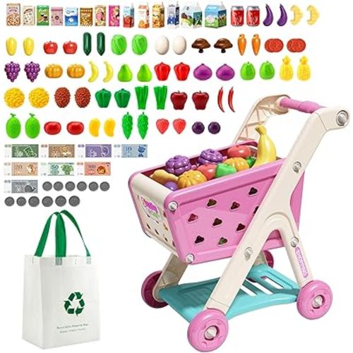 98pcs Kids Shopping Cart Trolley Play Set with Pretend Food and Accessories,Perfect for Ages 3+ Pretend Play and Role-Playing Games (Rose Red)