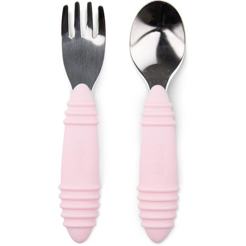 Bumkins Toddler Utensils, Kids Fork and Spoon Set, Silicone and Stainless-Steel Silverware, Angled Forks / Sporks for Self-Feeding, Children Training Flatware Cutlery for 18 Months Up, Pink