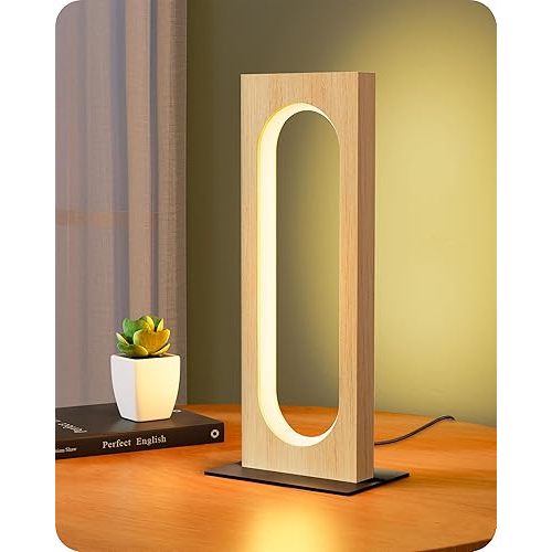 EDISHINE LED Table Lamp, Wooden Bedside Lamp with 3 Color Temperatures & Dimmable, Touch Control Square Nightstand Lamp for Bedroom Living Room, Memory Function, Original Wood Color