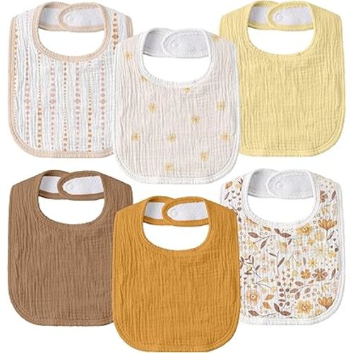 Muslin Drool Bibs, 6 Pack, Adjustable Baby Bibs for Drooling and Teething, (Sunny Bloom Garden)